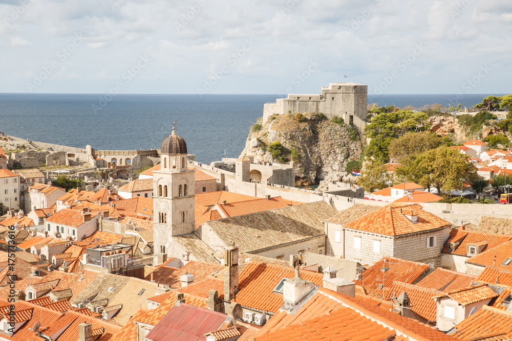 The top view of the Franciscan monastery and Lovrienac fortres. Dubrovnik, Croatia