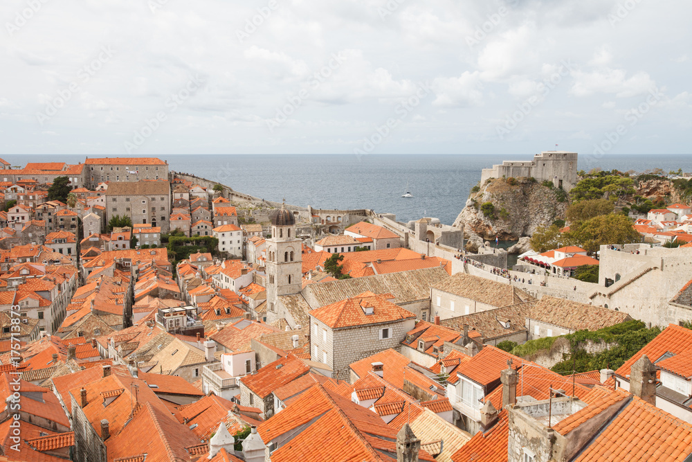 top view of the red roofs of the old town and the fortress Lovrijenac. Dubrovnik, Croatia