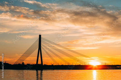 Riga, Latvia. Vansu Cable-Stayed Bridge Over The Daugava River, 