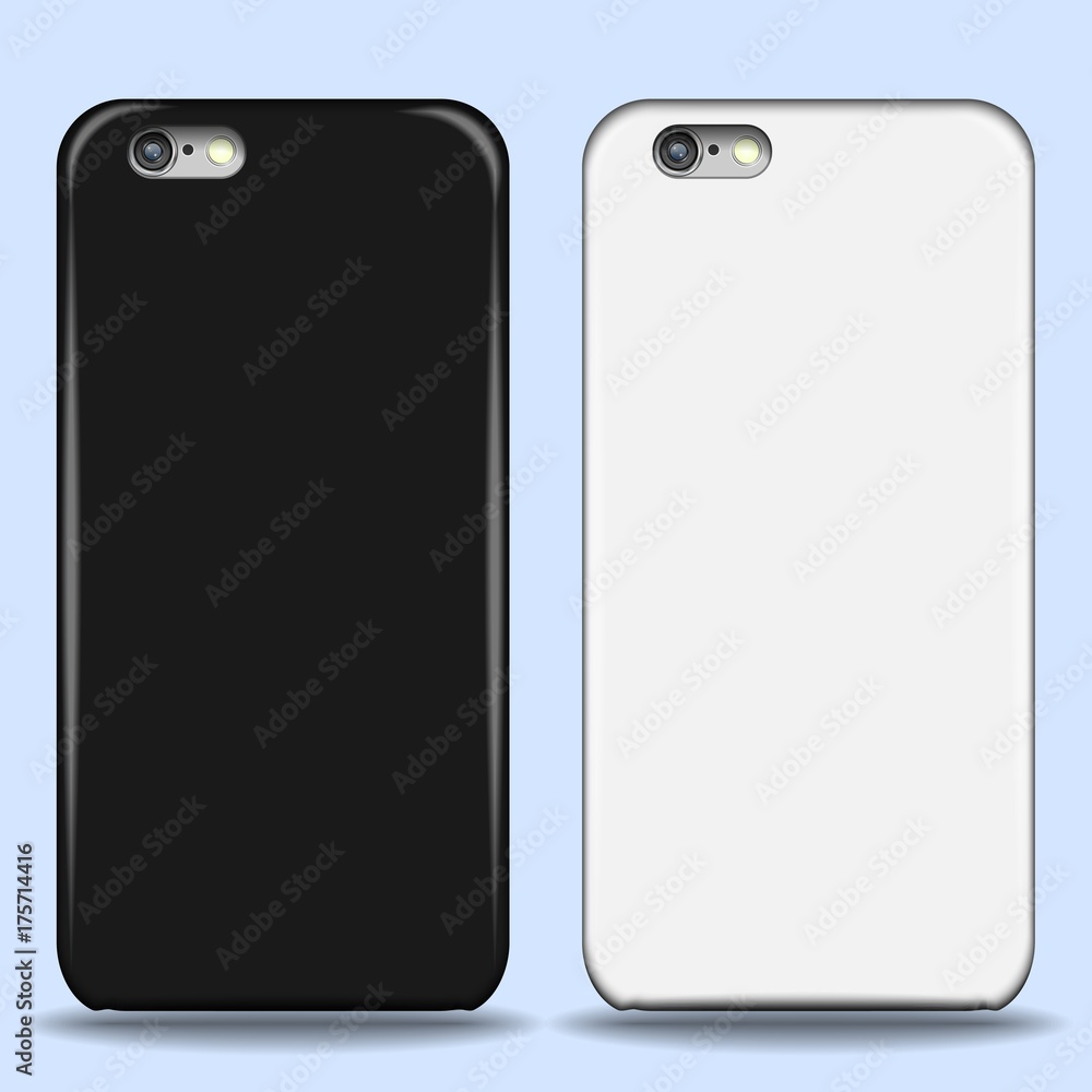 Set of covers for smartphone with shadows and highlights. Mockup for you design. Black and white with realistic camera isolated on white background. Set of covers for smartphone with shadows and highlights. Mockup for you design. Black and white with realistic camera isolated on white background.