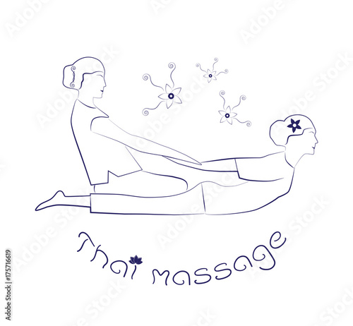 Logo thai massage. Silhouette of a woman getting traditional thai stretching massage by therapist.  Stock vector. Flat design. 