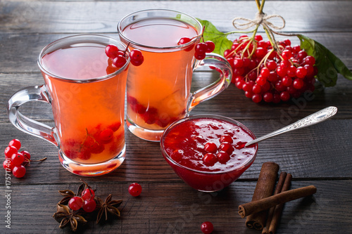Natural Berry tea with a fresh viburnum berries and cinnamon sticks, anise stars