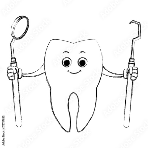 Tooth with dental tools cartoon icon vector illustration graphic design