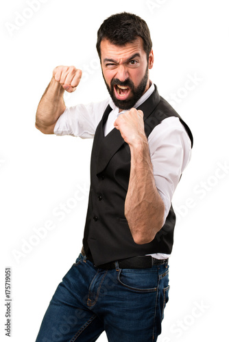 Cool man fighting on isolated white background