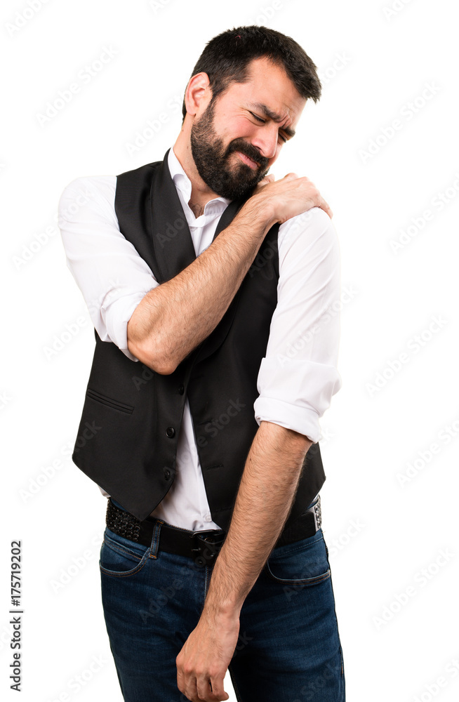 Cool man with shoulder pain on isolated white background Cool man with shoulder pain on isolated white background