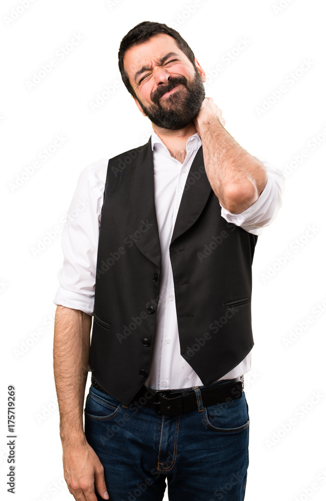 Cool man with neck pain on isolated white background Cool man with neck pain on isolated white background