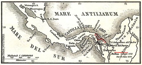 Fotografija Balboa's travel routes (from Spamers Illustrierte Weltgeschichte, 1894, 5[1], 65