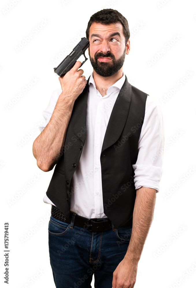 Cool man holding a pistol on isolated white background