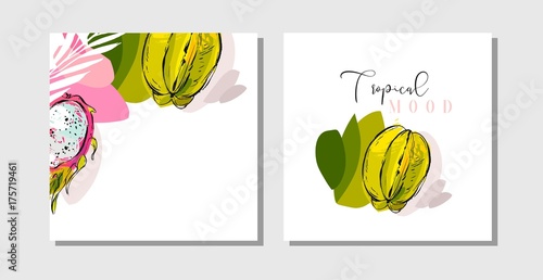 Hand drawn vector abstract freehand textured unusual tropical save the date cards set collection template with palm leaves and tropical fruits in bright colors isolated on white backgroun