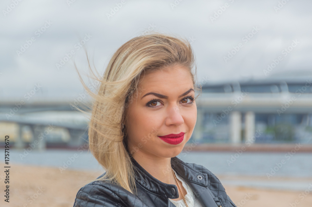 portrait of girl on sea background, closeup portrait of girl on sea background, closeup
