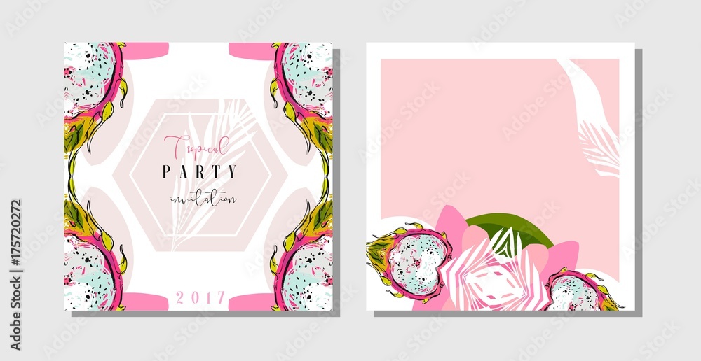 Hand drawn vector abstract freehand textured unusual tropical save the date cards set collection template with palm leaves and dragon fruit in bright colors isolated on white background