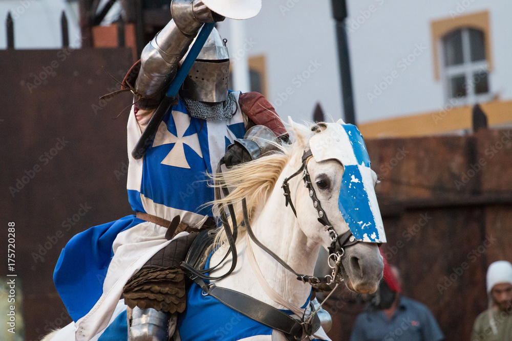 Medieval warrior in armor with horses on the middle of the arena. Medieval warrior in armor with horses on the middle of the arena.