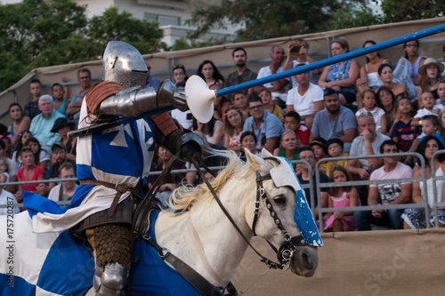 Medieval warrior in armor with horses on the middle of the arena. © Mauro Rodrigues
