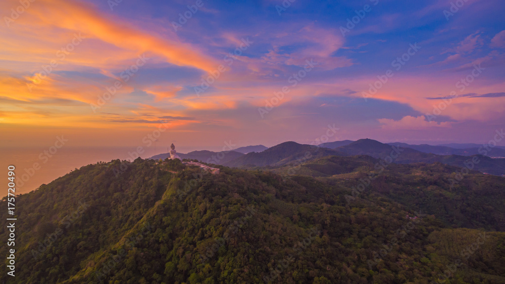 scenery panoramic Phuket big Buddha in beautiful sunset.