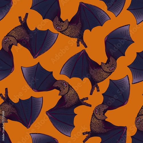 Bats, hand drawn doodle, sketch in pop art style, seamless pattern design on orange background photo