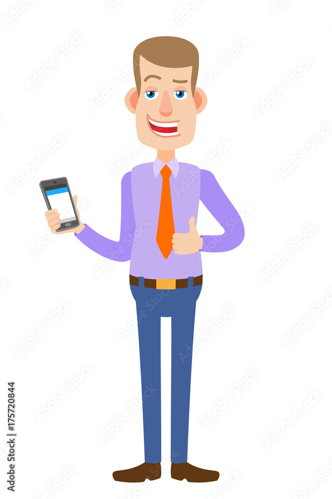 Businessman holding mobile phone and showing thumb up