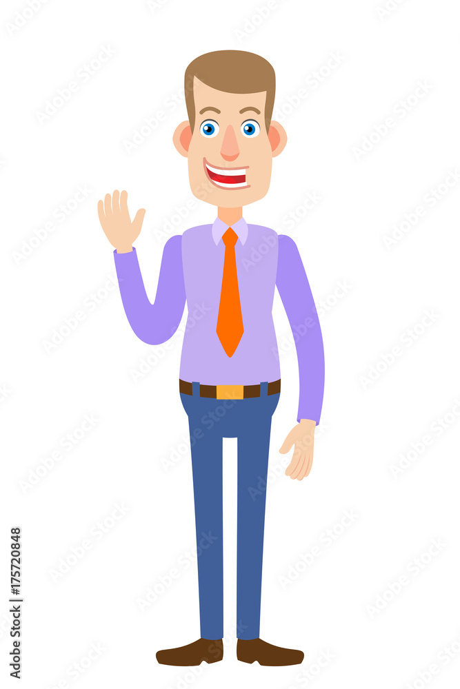 Businessman raised a hand in greeting Businessman raised a hand in greeting