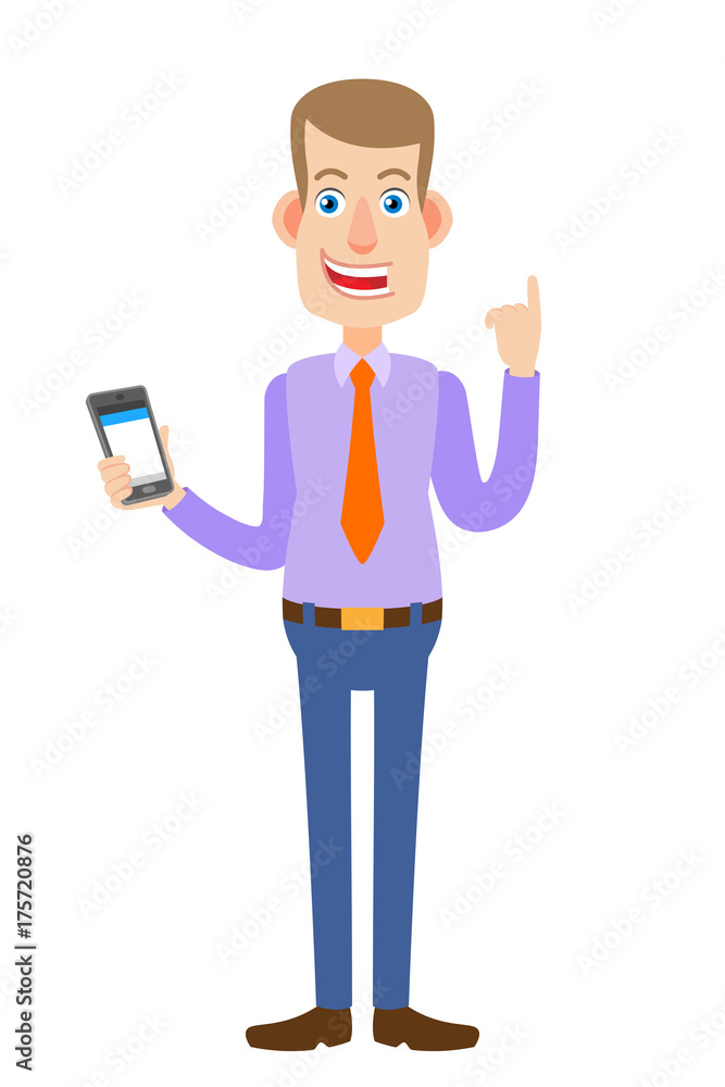 Businessman with mobile phone and pointing up