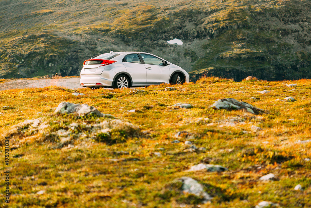 Hatchback Car On In Summer Mountains Landscape In Norway. Drive 