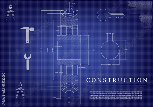 Machine-building drawings on a blue background