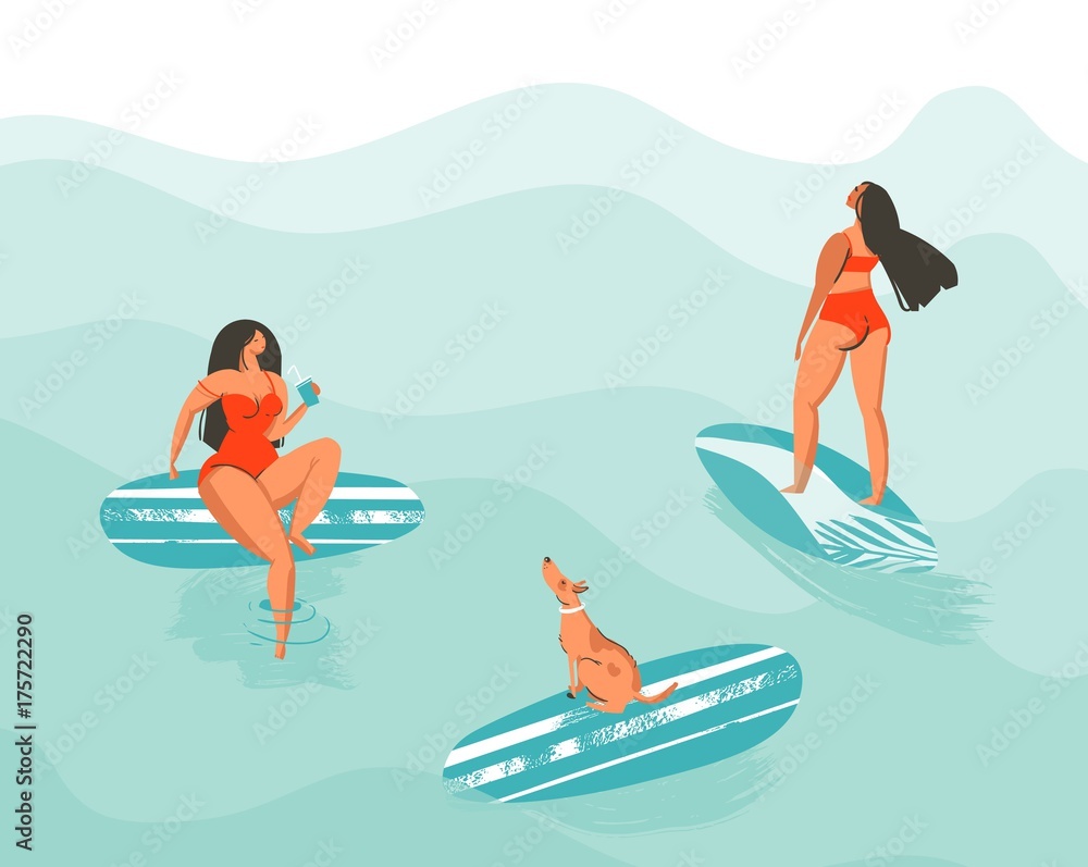Hand drawn vector abstract summer time fun cartoon illustration poster with surfer swimming girls in red bikini with dog isolated on blue ocean waves Hand drawn vector abstract summer time fun cartoon illustration poster with surfer swimming girls in red bikini with dog isolated on blue ocean waves