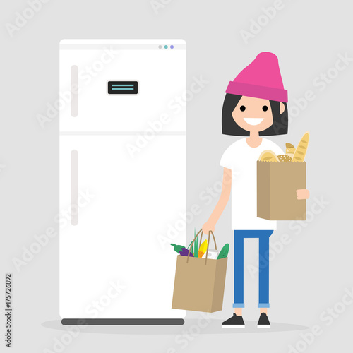 Daily routine. Grocery shopping. Young character holding the paper bags full of fruits, vegetables and bakery products. Flat editable vector illustration, clip art