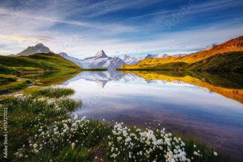 Great view of Mt. Schreckhorn and Wetterhorn above Bachalpsee lake. Location place Swiss alps, Grindelwald valley, Europe.