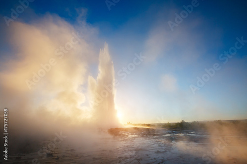 Great view of Strokkur geyser. Location place Geyser Park, Hvita river, Haukadalur valley area, Iceland. Europe.
