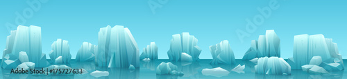 Vector wide web banner illustration of arctic landscape with icebergs and mountains. Winter panorama background.