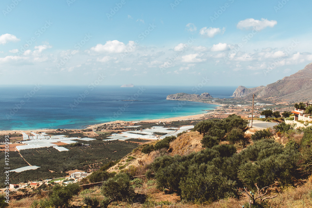 View of the beach of Falasarna, an ancient Greek harbor town on the northwest coast of Crete.