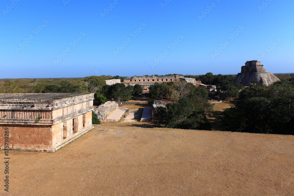 View on the Ball court and Pyramid of the Magician from Governor's Palace, Uxmal, Mexico 