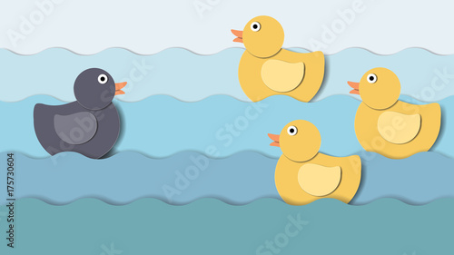 Ugly duck facing with the other beautiful ducks in water, paper craft/paper cut style