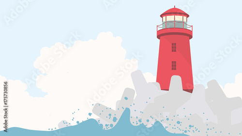 Red lighthouse with concrete breakwater at seashore