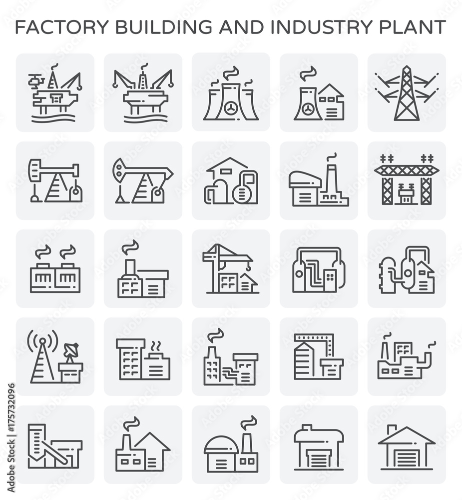 Factory building vector icon consist of oil rig, power plant, oil refinery plant, transmission tower, warehouse for industrial processing, storage, manufacturing and production of power energy, food. Factory building vector icon consist of oil rig, power plant, oil refinery plant, transmission tower, warehouse for industrial processing, storage, manufacturing and production of power energy, food.