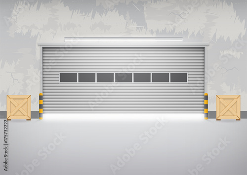Roller door or roller shutter. Also called security door or security shutter. For protect residential, commercial and industrial building i.e. house, factory, warehouse, hangar. Vector illustration.
