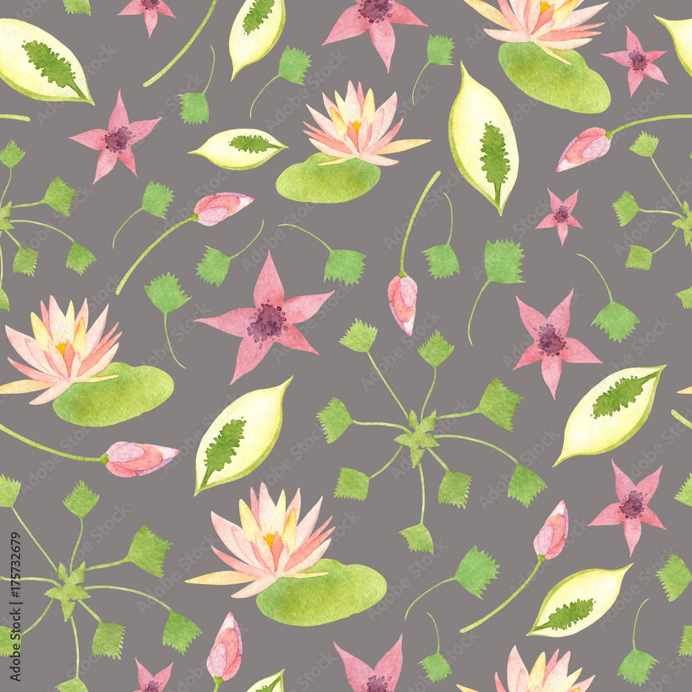 Fototapeta premium Watercolor wetland floral pattern with pink lily lotus white calla swamp red marshlocks and green water chestnut on dark grey background