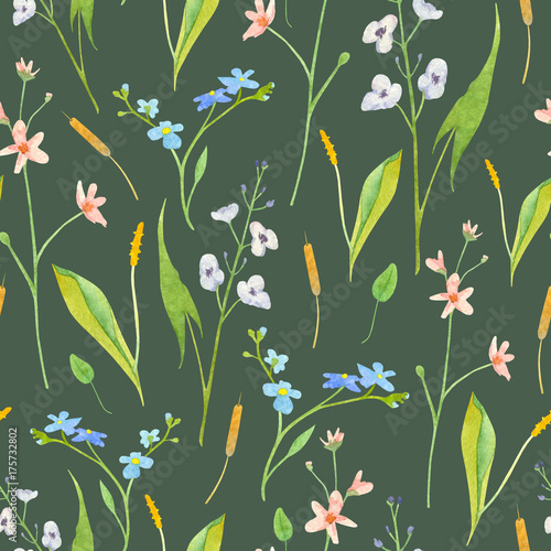 Wallpaper Mural Watercolor wetland floral pattern with orange orontium cattail lilas arrowhead water violet and blue forget-me-not on dark green background Torontodigital.ca