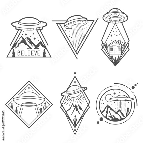 Set of six UFO emblems, labels, badges or logos. Mystical symbol paranormal phenomena, first contact, invasion of aliens