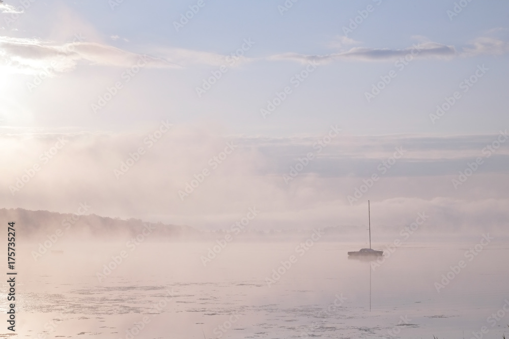 Morning mist over lake with sailboat - 5 Morning mist over lake with sailboat - 5