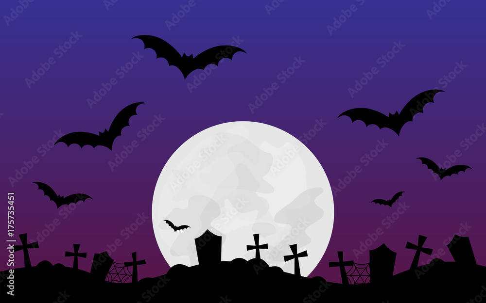 Halloween scary vector illustration background. Halloween themed graphic print with full moon, bats, graveyard, dark purple and violet colored background.
