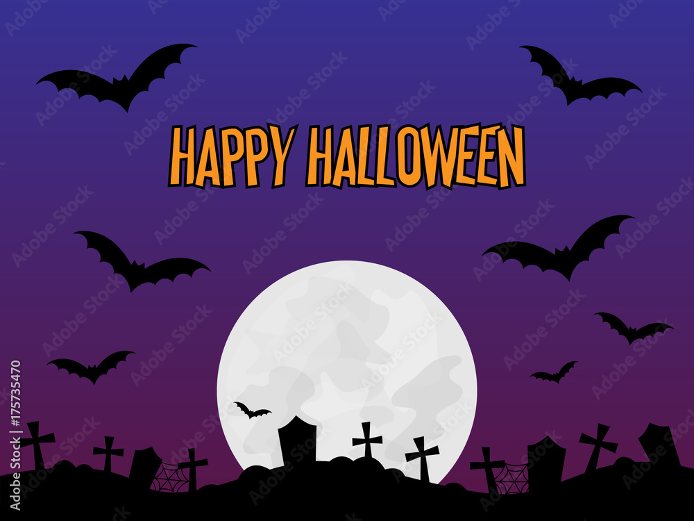Happy Halloween scary vector illustration background. Halloween themed graphic print with full moon, bats, graveyard, dark purple colored background with orange writing.