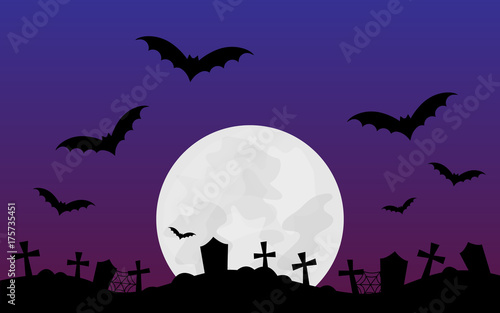 Halloween scary vector illustration background. Halloween themed graphic print with full moon, bats, graveyard, dark purple and violet colored background.