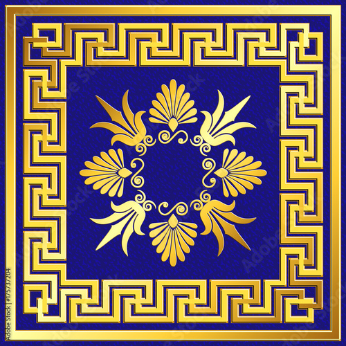 Golden square frame with traditional vintage Greek Meander pattern on blue background for design template.