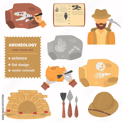 Archeology color flat icons set for web and mobile design