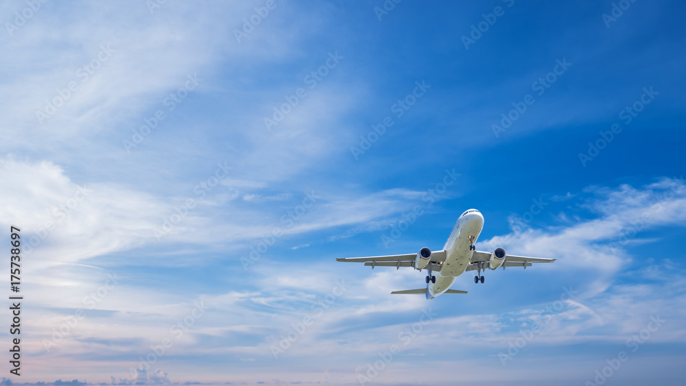 Fototapeta premium Airplane flying under blue sky 6