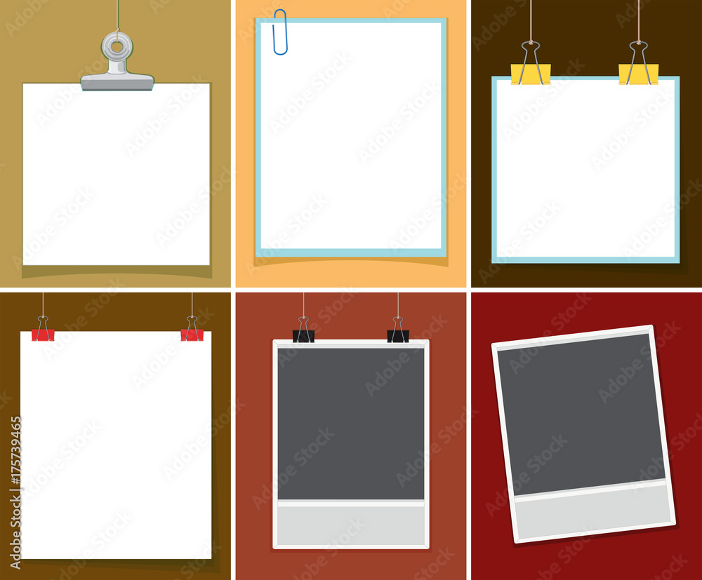 Blank paper with paper clips on different backgrounds