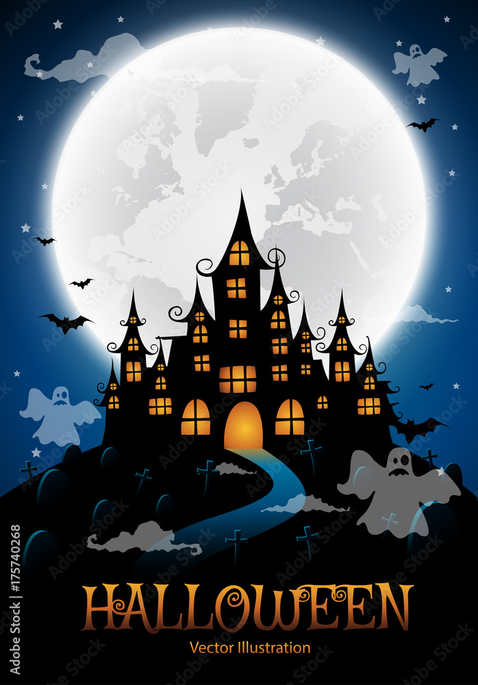 haunted house and full moon with ghost,Halloween night background.Vector illustration.