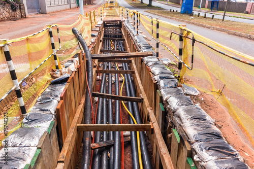 Tableau sur toile Electricity New Power Cables Installation trenches underground road side