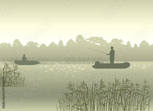 Vector image of fishermen in fog