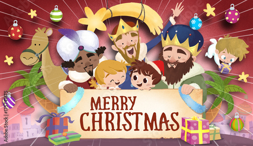 Foto Feliz navidad con reyes magos camellos y niños